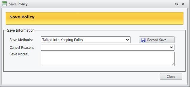 Screen capture of Inline CRM's save tool, which shows fields for Save Methods, Cancel Reason, and Save Notes 